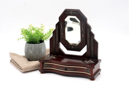 Toucador em pau santo com aplicações em prata, espelho articulado e gaveta